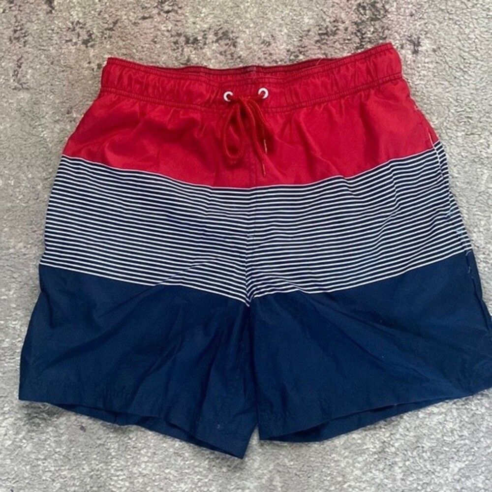Men’s Red White Blue Stripe Patriotic Jake Austin Swim Trunks Boardshorts Sz M